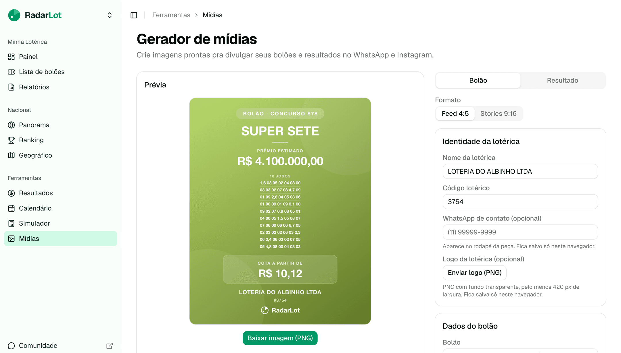 Arte de bolão gerada pelo RadarLot: Super Sete, concurso 878, prêmio estimado de R$ 4.100.000,00, pronta pra postar